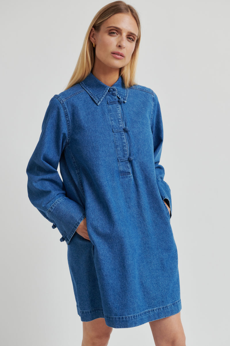 denim tunic dress with pockets The Denim Shirt Dress Daybreak Medium Wash / XS